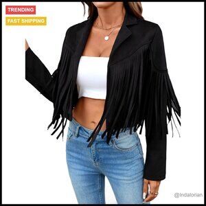 Faux Suede Leather Cropped Jacket Fringe Tassel Western Style Lined Coat